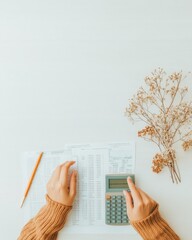 Poster - Modern Minimalist Financial Advisory Neutral Workspace with Financial Documents and Calculator for Professional Business Solutions and Strategic Consultation