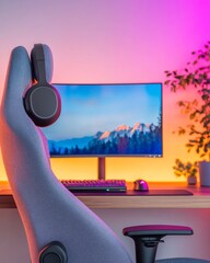 Aufkleber - Neon-Lit Gaming Setup Ergonomic Chair with Multi-Monitor and RGB Backlighting - Next-Gen Esports Workstation for Competitive Edge and Immersive Streaming Experience