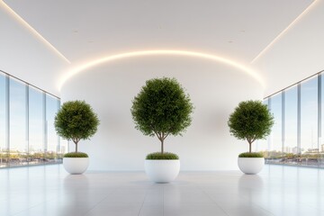 Leinwandbilder - Minimalist Office Design Circular Meeting Room with Green Trees and Natural Light - Enhancing Diplomatic Discussions and Sustainable Workplace Aesthetics