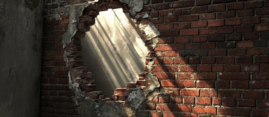 Sticker - Abandoned building with a large hole in a brick wall allowing sunlight to enter and create dramatic light and shadow effects.