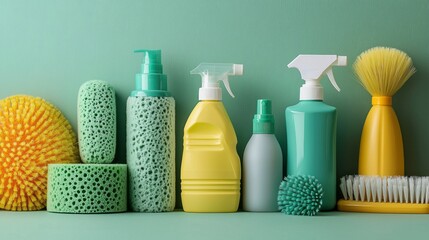 A colorful arrangement of cleaning products displayed on a soft green surface highlights a variety of brushes, sponges, and spray bottles. Perfect for cleaning enthusiasts seeking inspiration