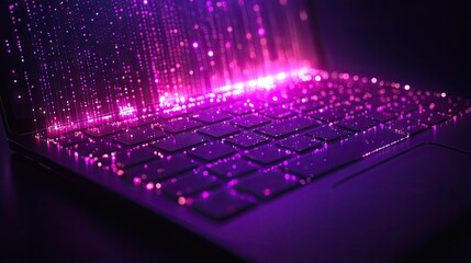 Laptop keyboard, data stream, glowing keys, dark background, tech concept
