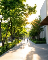 Aufkleber - Eco-Friendly Urban Transit Cyclists on Tree-Lined Path with Modern Green Buildings and E-Scooters - Sustainable Design and Urban Living Solutions for Smart Cities