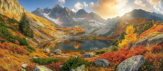 Wall Mural - Vibrant autumn landscape showcasing majestic mountains, colorful foliage, and serene lake reflections at sunset.