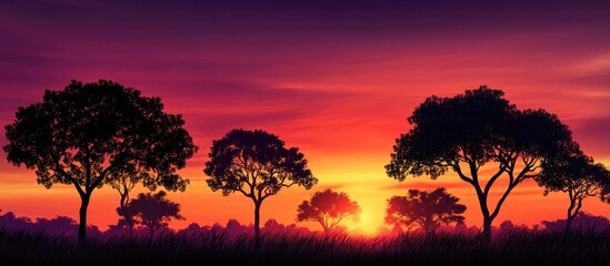 Wall Mural - Vibrant sunset landscape with silhouetted trees showcasing a colorful summer evening sky at twilight