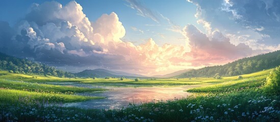 Wall Mural - serene landscape with vibrant clouds reflecting in tranquil water after a storm showcasing nature's beauty and calmness