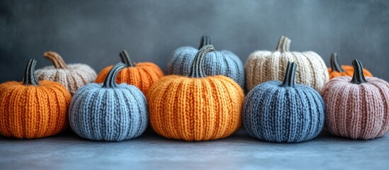 Handmade knitted pumpkins in warm autumn colors arranged on a grey background showcasing cozy DIY decor for seasonal celebration.