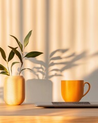 Aufkleber - Scandinavian Minimalist Workspace Sleek Laptop with Virtual Meeting Display and Warm Tones - Modern Business Networking and Creative Remote Office Design
