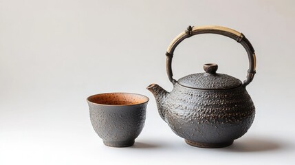 Authentic Japanese tea set featuring a beautifully crafted teapot and a matching cup highlighting traditional craftsmanship and cultural heritage