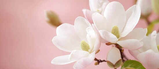 Wall Mural - magnolia flowers delicately blurred against a soft pink background with ample space for text and ele