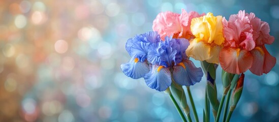 Wall Mural - Colorful bouquet of irises with a soft bokeh background ideal for festive occasions like Valentine's Day or Mother's Day with copy space.