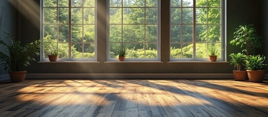 Poster - spacious apartment interior with large windows and natural light highlighting wooden flooring and indoor plants