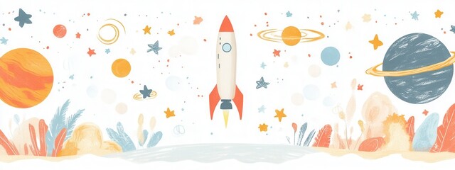 Wall Mural - Cosmic Adventure, vibrant flat illustration showcasing a rocket navigating through colorful planets and twinkling stars against a clean white backdrop