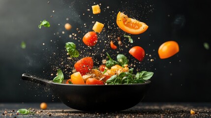 Wall Mural - professional stock photography  Kitchens where food cooks itself, utensils float, and ingredients turn into abstract shapes mid-air.