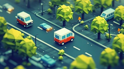 Low-poly city street scene cars driving, trees lining road.  Use website background