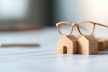 Aufkleber - Contemporary Visionary Finance Wooden Block Architecture with Glasses on Minimal Desk - Wealth Strategy and Planning Insights for Modern Financial Advisory