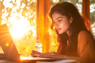 Fototapete - Sunlit Study Space Young Indian Woman Engaged in Digital Exam Prep with Laptop and Handwritten Notes - Inspiring Education Content for Modern Academic Motivation and Student Focus