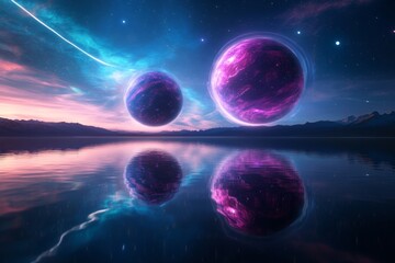 Aufkleber - Neon Cosmic Art Mystical Sci-Fi Planets in Magenta and Cyan Reflections for Futuristic Digital Art and Gaming Design - Immersive Visual Content Creation
