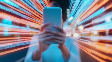 Aufkleber - Futuristic Woman in Motion Immersive Cityscape and Holographic Smartphone Displays for Innovative Mobile Marketing and Urban Connectivity Dynamics