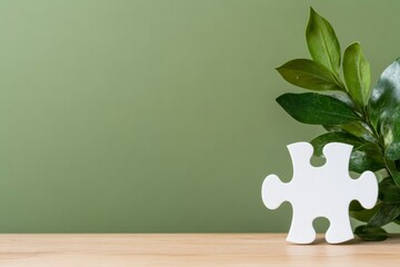 Poster - Eco-Design Puzzle Piece White Minimalist Component on Wooden Surface with Green Leaf Backdrop - Business Innovation and Sustainable Problem-Solving Visual for Digital Marketing