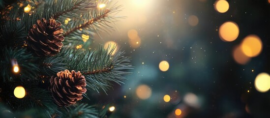 Wall Mural - festive christmas background featuring pine cones and bokeh lights with fir branches creating a warm