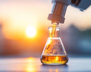 Aufkleber - Sunset-Infused Science Lab Aesthetic Glass Flask and Microscope on Minimalist Steel Workbench - Innovative Research Content for Modern Scientific Marketing and Educational Insights