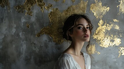 Wall Mural - Young woman in white dress against textured gold wall.