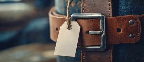 Stylish metal buckle on a vintage leather belt with a blank paper tag for pricing in a rustic setting