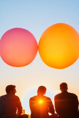 Aufkleber - Cinematic Sunset Office Break Silhouette of Cheerful Team with Giant Inflatables - Vibrant Workplace Culture and Creative Relaxation Strategies for Modern Professionals