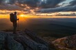 © Selvi - Hiker Contemplates Scenic Sunset View atop Mountain Peak during Golden Hour Hike