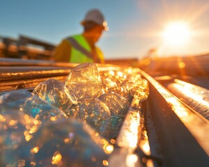 Leinwandbilder - Golden Hour Reflections Industrial Recycling Worker in High Visibility Gear with Transparent Plastics - Sustainable Waste Management and Circular Economy Insight
