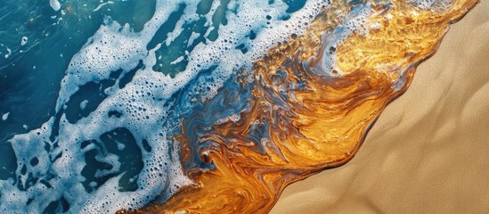 Wall Mural - glossy oil slick on ocean shoreline sand with vibrant colors and textured waves creating an abstract