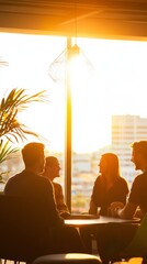 Poster - Sunlit Collaborative Workspace Vibrant Team Interactions and Stress Relief in Open Office Design - Enhancing Corporate Well-Being and Positive Work Culture