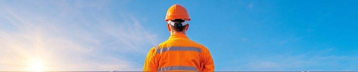 Poster - Contemporary Solar Installation Professional Technician in Reflective Gear on Rooftop with Industrial Equipment - Renewable Energy Transition and Eco-Friendly Power Solutions