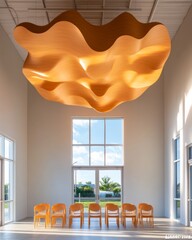 Poster - Sculptural Wave Ceiling Curved Wood Installation with Minimalist Chairs in Bright Room Dynamic Design for Creative Innovation and Modern Educational Spaces