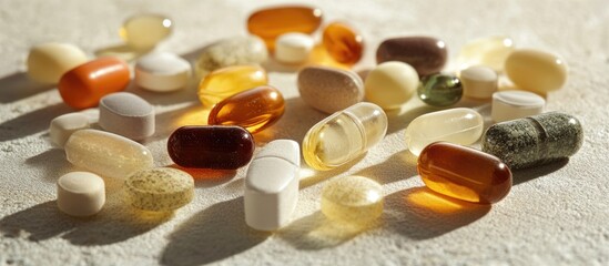 Wall Mural - Variety of medical and vitamin pills scattered on a textured surface representing health and wellness concepts in a professional studio setting