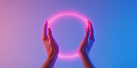 Fototapete - Neon Illuminate Gesture Diverse Hands Framing Pink Light Circle on Gradient Surface - Empowerment Imagery for Modern Brands and Visual Identity Campaigns