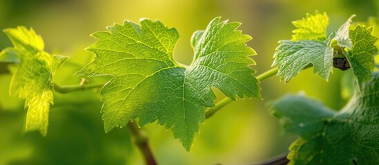 Wall Mural - macro close-up of vibrant green vine leaves with soft blurred background highlighting nature's delic