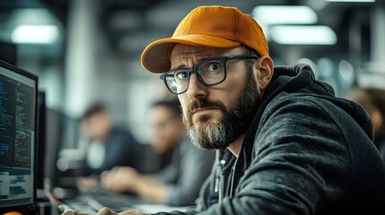 Serious Bearded Software Developer Intensely Focused on Computer Screen while Working at Desk in Startup Office Environment