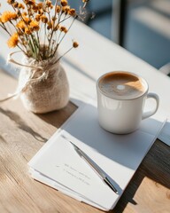 Aufkleber - Sunlit Scandinavian Workspace Minimalist White Notebook and Cozy Coffee Moment on Rustic Wood - Modern Collaboration Content and Hygge Office Styling