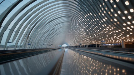 Leinwandbilder - Futuristic Airport Terminal Design Curved Steel Ceiling and LED Illumination Enhancing Passenger Flow - Modern Travel Solutions and Infrastructure Efficiency