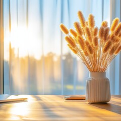 Aufkleber - Sunlit Workspace Design Minimalist Natural Desk with Pampas Grass Vase and Notebooks - Modern Home Office Aesthetic and Creative Inspiration for Remote Professionals