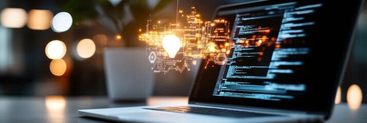 Leinwandbilder - Futuristic Tech Aesthetics Holographic Business Icons over Tablet in Minimalist Workspace - Digital Transformation and Automation for Modern Enterprises