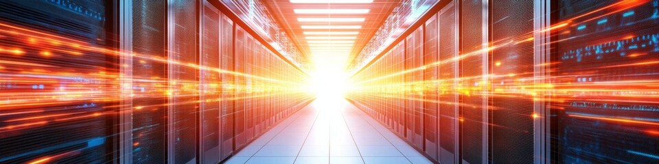 Fototapete - Futuristic Data Center Corridor Sleek Server Rack and Network Infrastructure - Advanced Digital Security and Technology Solutions for Business Innovation