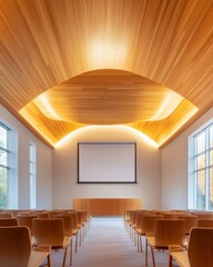 Poster - Minimalist Wooden Lecture Hall Design Tiered Seating and Modern Screen for Enhanced Engagement in Large Educational Facilities Sustainable Learning Environments for Academic Growth