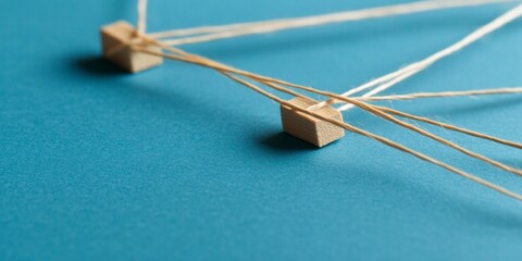 Leinwandbilder - Contemporary Network Diagram Display Wooden Blocks with String on Blue Surface - Innovative Systems Content for Tech and Design Industries, Enhancing Interconnected Solutions