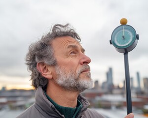 Poster - Urban Climate Monitoring Meteorologist with Modern Barometer on Rooftop Against City Skyline - Precision Weather Forecasting and Environmental Data for Sustainable Urban Planning