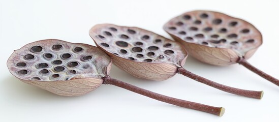 Wall Mural - lotus seed pods arranged in a line showcasing their unique structure and texture on a white backgrou