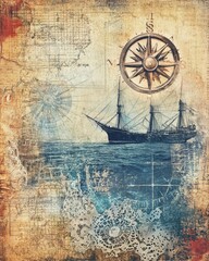  Vintage nautical map with ship and compass
