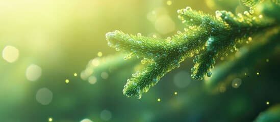 Wall Mural - close-up of a young green fir branch illuminated by soft light with bokeh effect creating a serene a